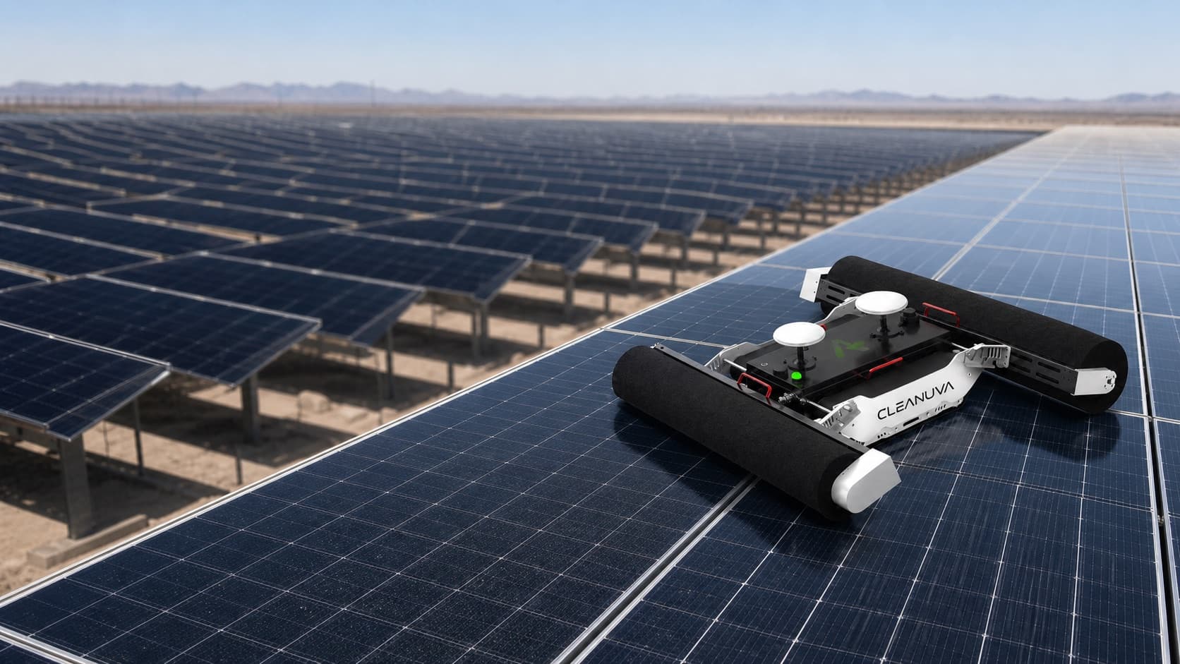 Cleanuva solar cleaning robot on a PV array in daylight