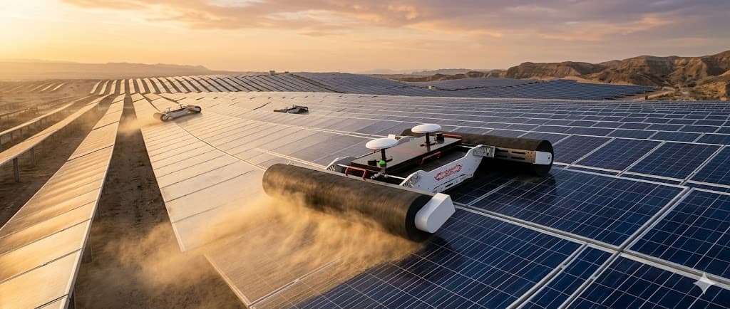 NuvaTrack U-Series robot cleaning a solar array at dusk